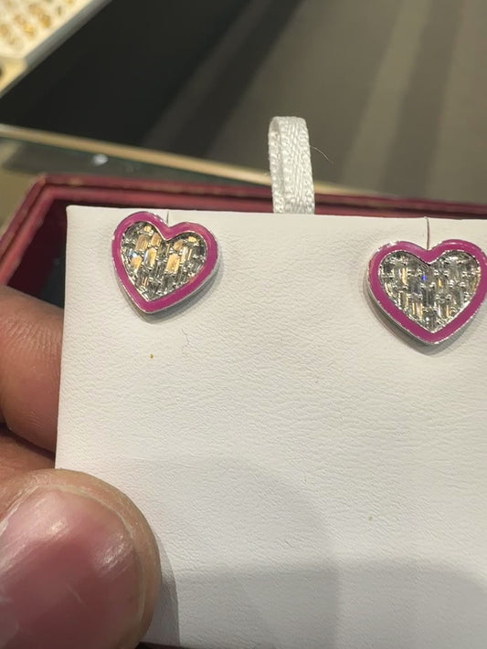 White gold, pink enamel baguette diamond earrings